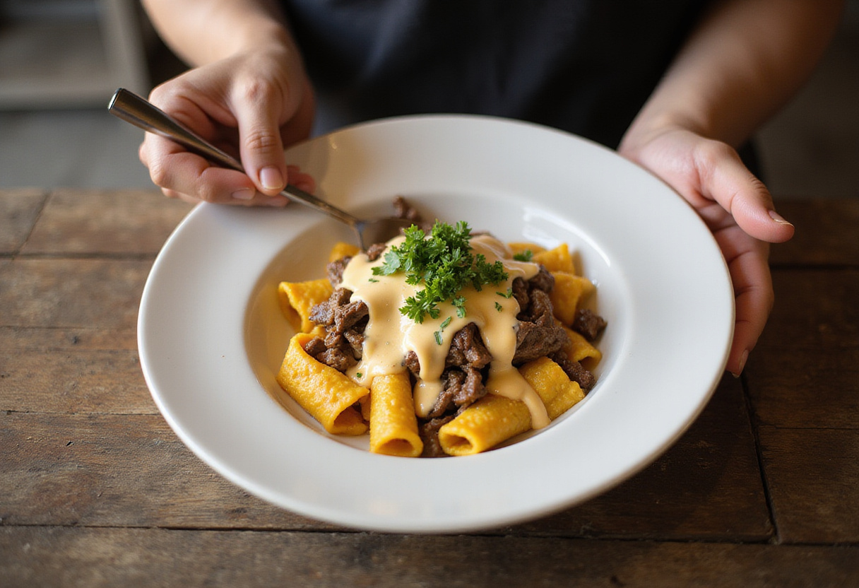 Plating the delicious Philly cheesesteak tortellini pasta with a drizzle of cheese sauce, appealing and appetizing presentation.