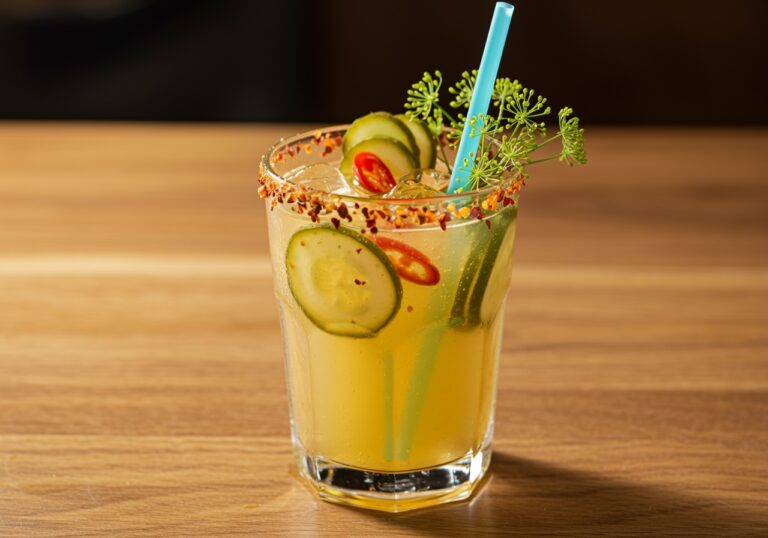 Final presentation of a delicious pickle-infused drink in a stylish glass, garnished and ready to serve, perfect for summer gatherings.