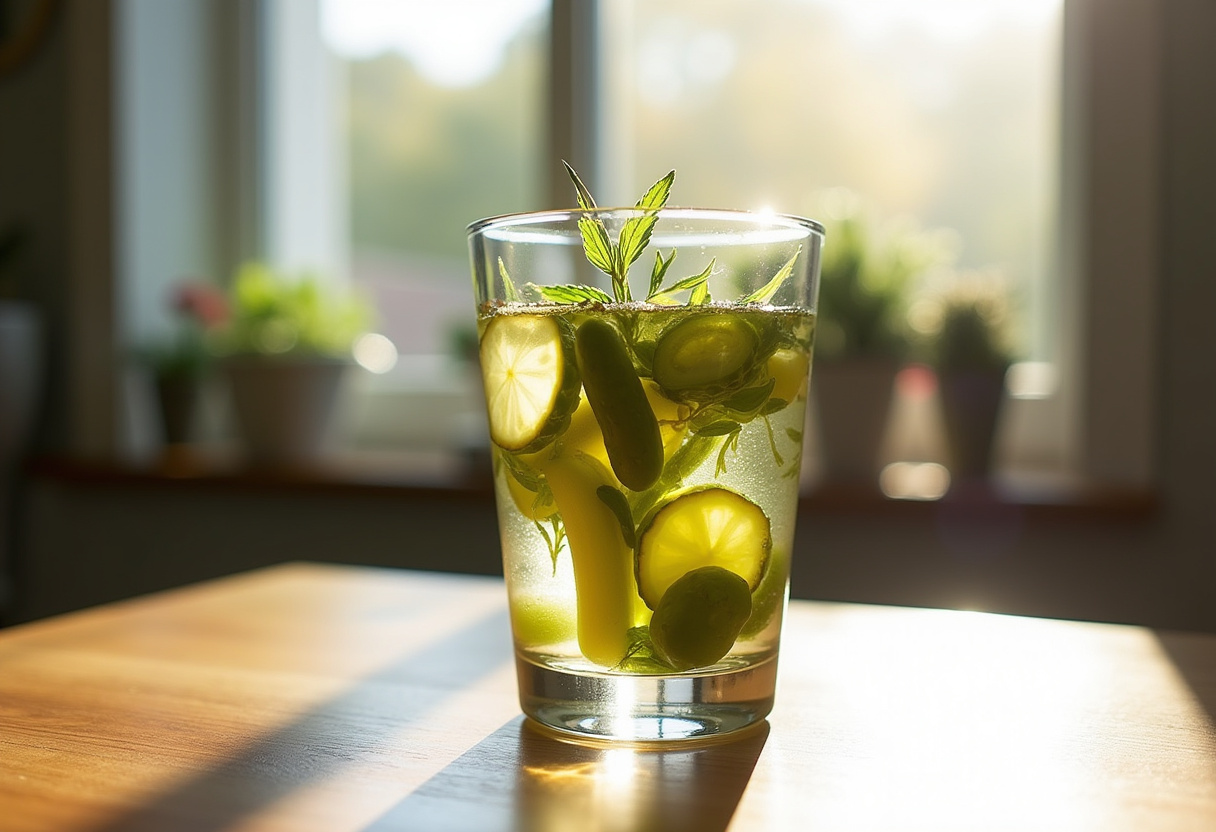 Preparing pickle-infused drinks with fresh ingredients like cucumbers and herbs in a clear glass, ideal for refreshing summer beverages.