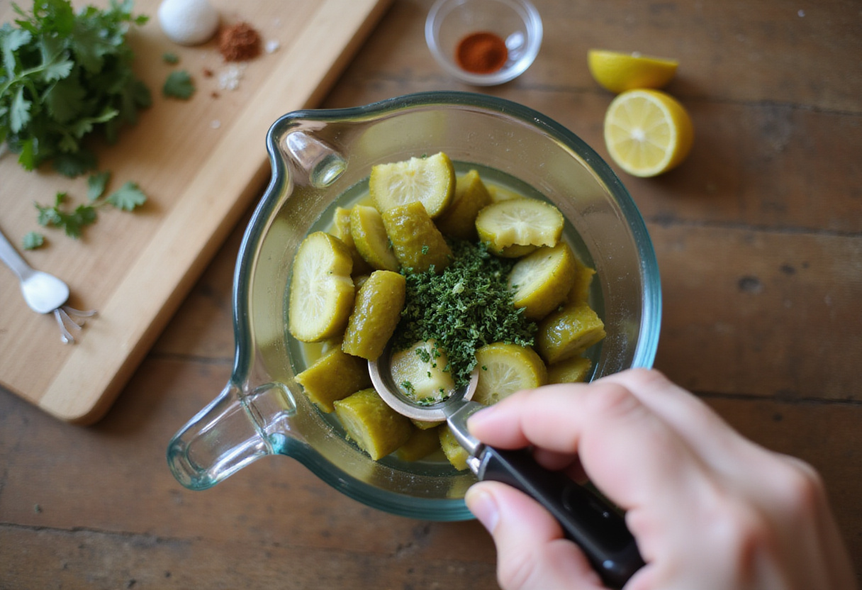 Creating a refreshing pickle-infused drink by adding fresh pickles and herbs into a large pitcher, perfect for summer parties.