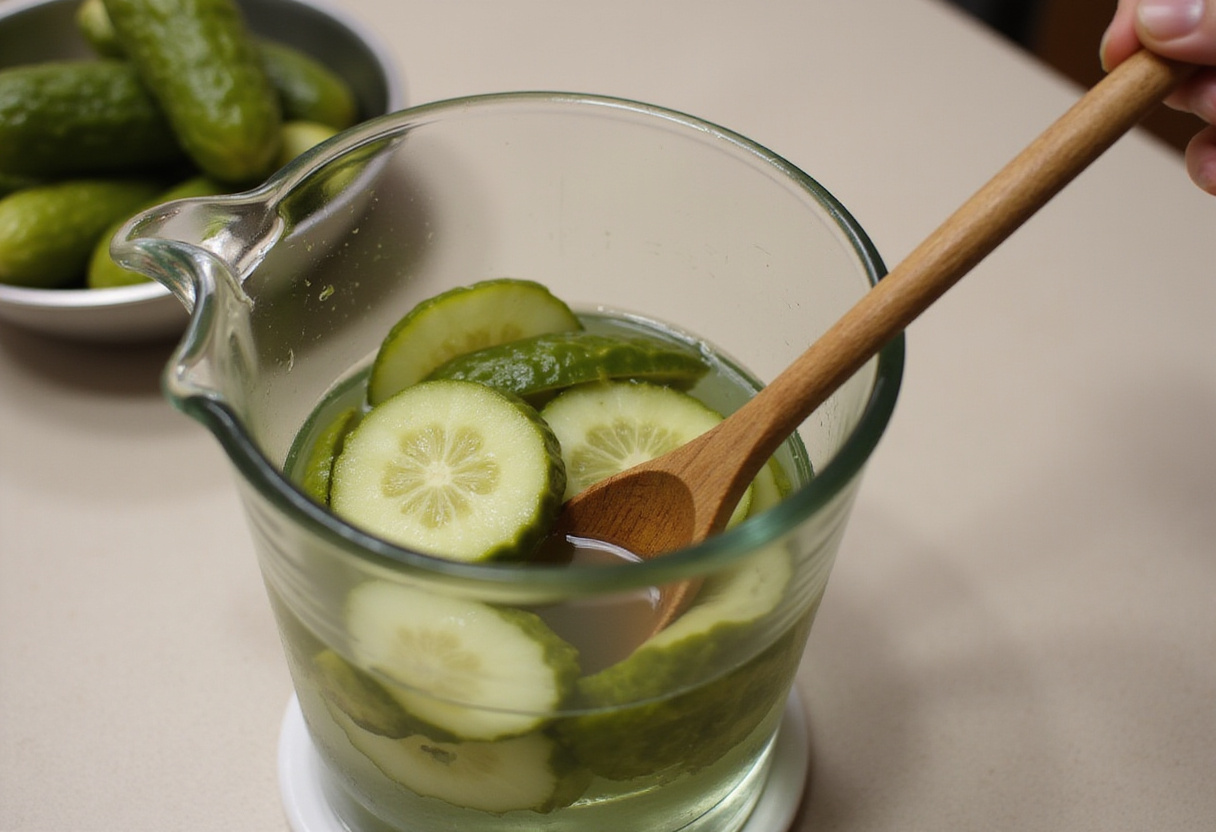 Mixing pickle slices and fresh herbs in water to create an infused drink, showcasing the blending of flavors in a kitchen setting.