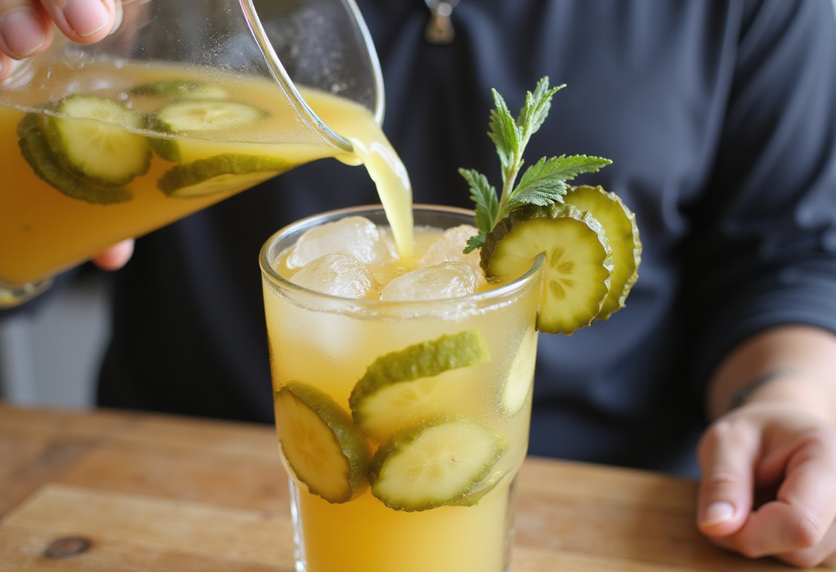 Pouring a refreshing pickle-infused drink over ice, with garnishes of pickles and herbs, ideal for summer refreshments.