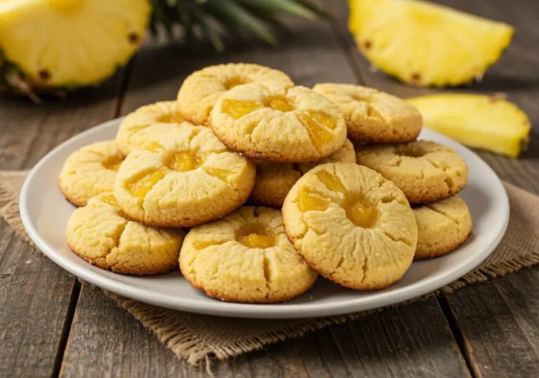 Delicious Pineapple Upside Sugar Cookies served on a rustic plate with powdered sugar, showcasing the tropical flavors of pineapple.