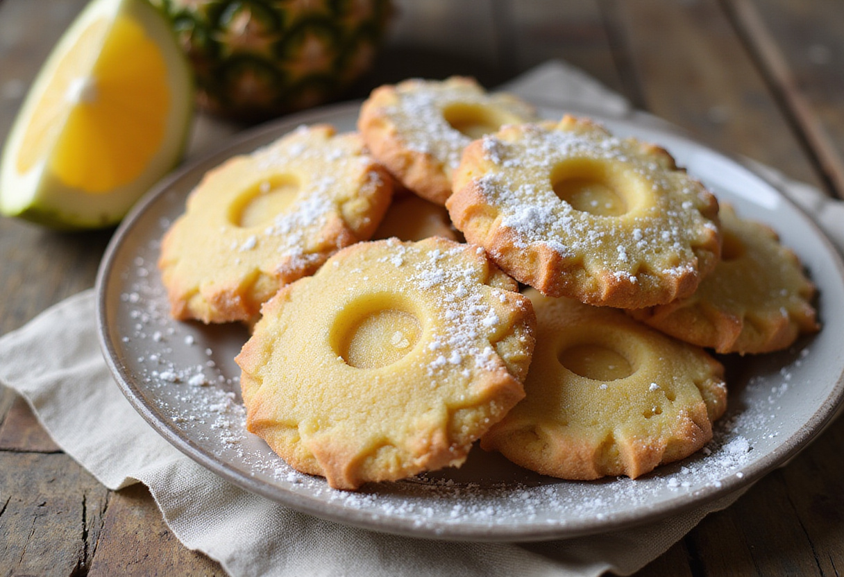 Delicious Pineapple Upside Sugar Cookies served on a rustic plate with powdered sugar, showcasing the tropical flavors of pineapple.