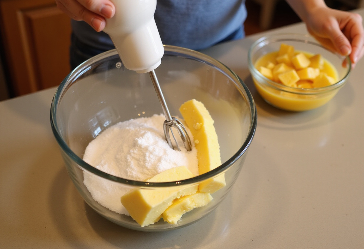 Mixing butter and sugar for Pineapple Upside Sugar Cookies with fresh pineapple chunks visible in a warm kitchen.