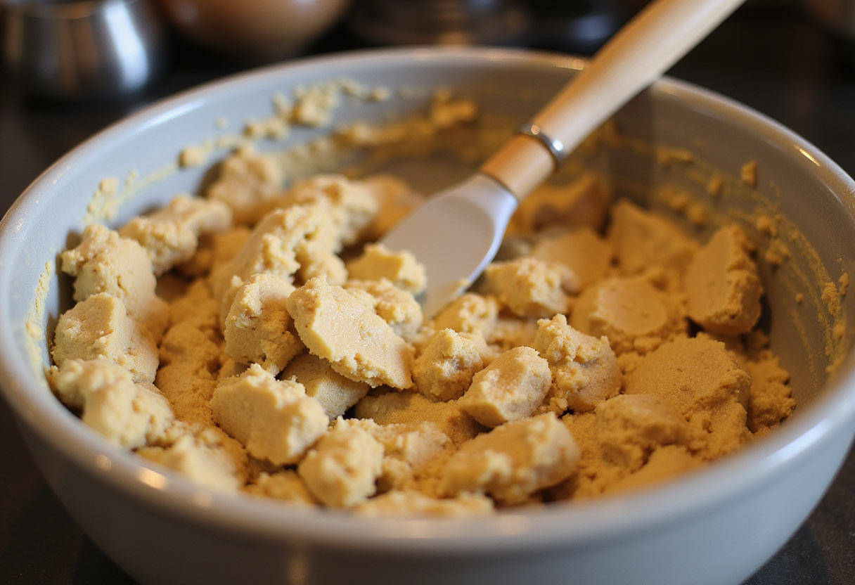 Pineapple cookie dough ready for baking, showcasing the blend of ingredients with pineapple pieces in a well-lit kitchen.