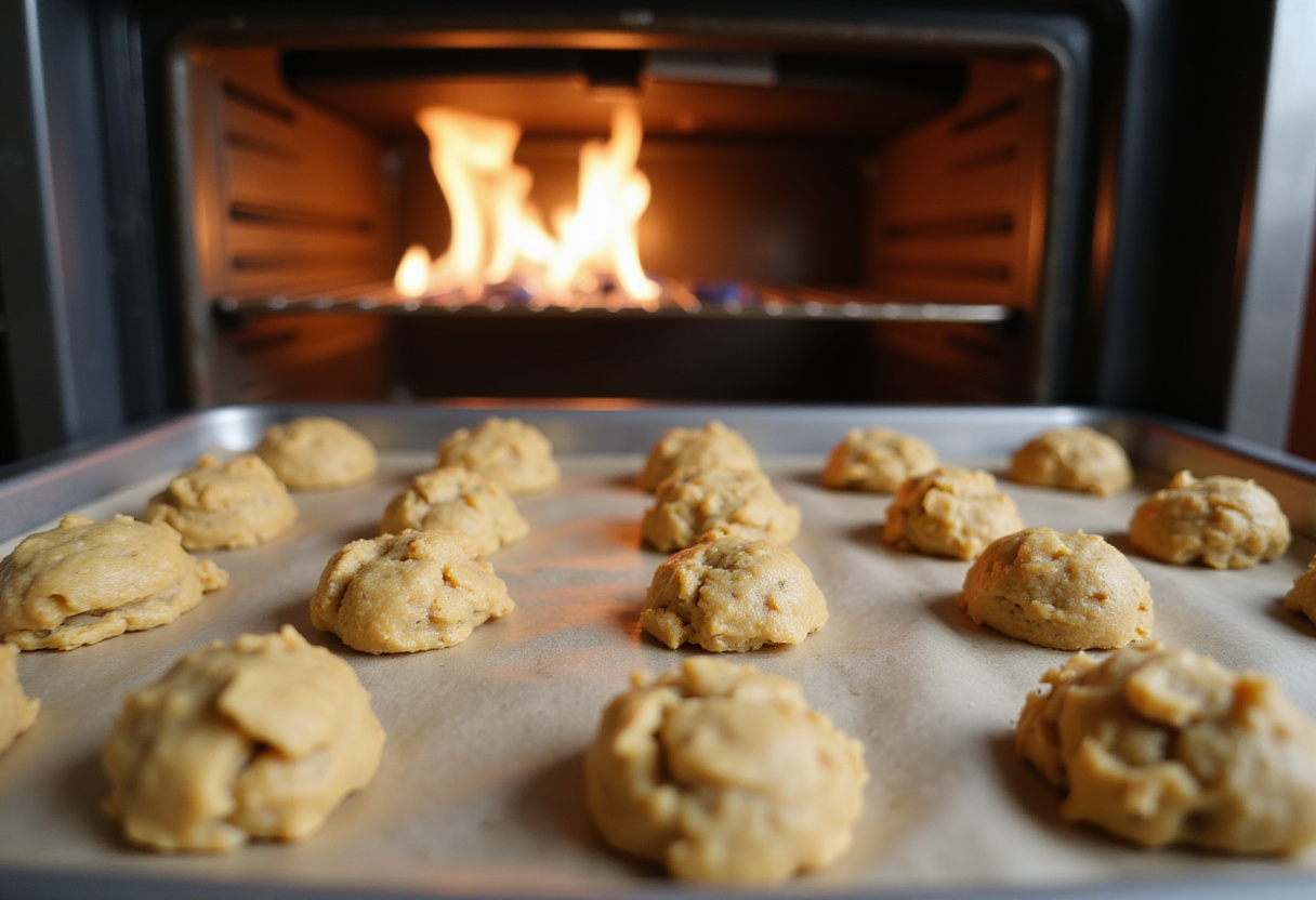 Cookie dough balls on a baking sheet prepared for baking Pineapple Upside Sugar Cookies, highlighting a bustling kitchen setting.