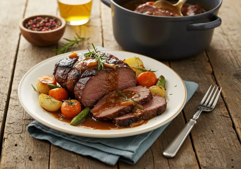 Enjoy a mouthwatering pot roast dish, perfectly cooked with tender vegetables, highlighting an easy and quick recipe.