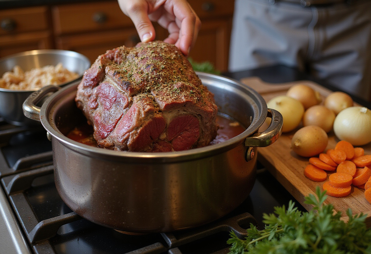 Prepare a tasty pot roast in a warm kitchen with fresh vegetables and beef chuck roast in a pot for an easy quick recipe.