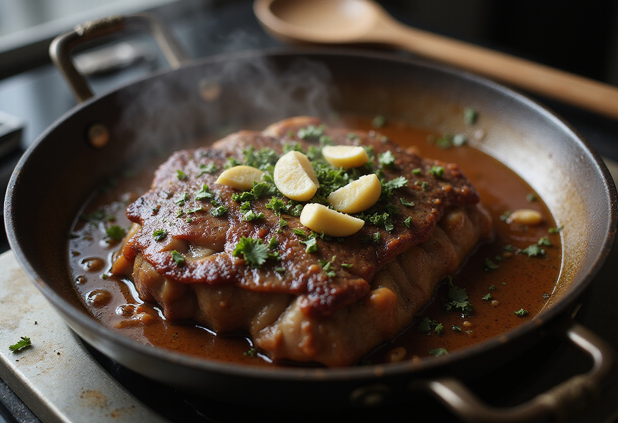 Sear the pot roast with garlic and herbs in a pot, enhancing flavors for this easy quick recipe.