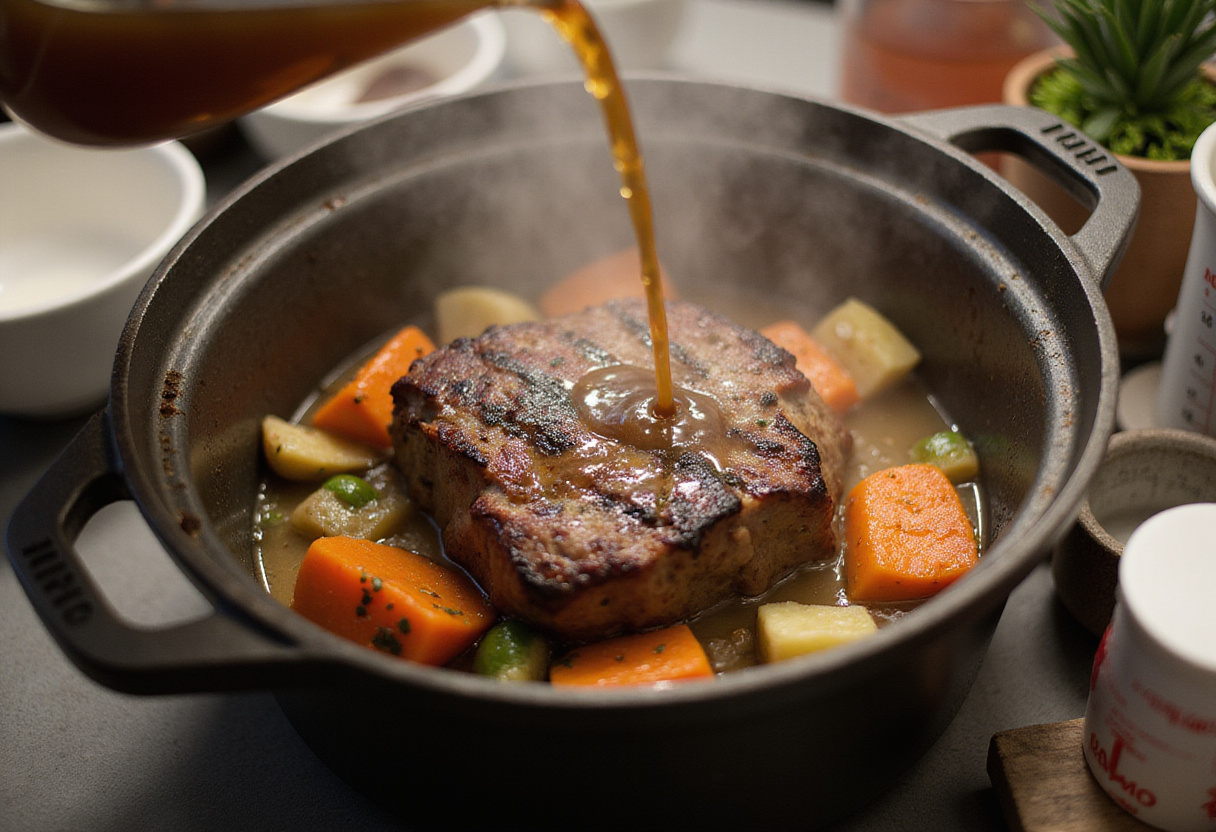 Enhance flavors by adding broth to the pot for the easy quick pot roast recipe, creating a savory dish.