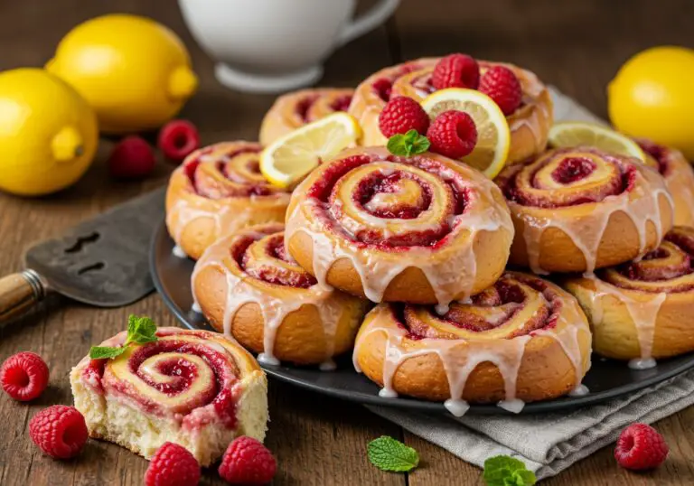 Delicious raspberry-lemon brioche rolls served on a plate with lemon slices and raspberries, a tempting dessert ready to be enjoyed.
