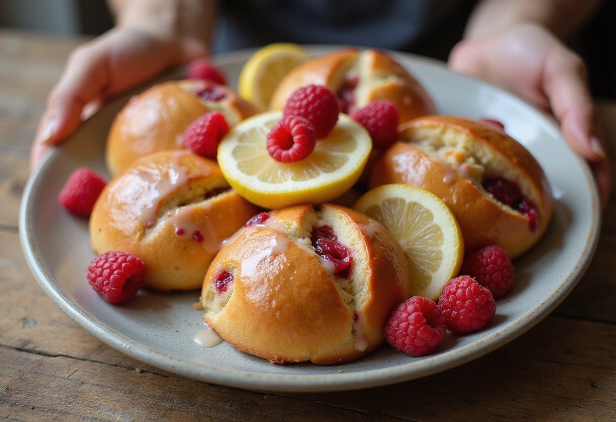 Delicious raspberry-lemon brioche rolls served on a plate with lemon slices and raspberries, a tempting dessert ready to be enjoyed.