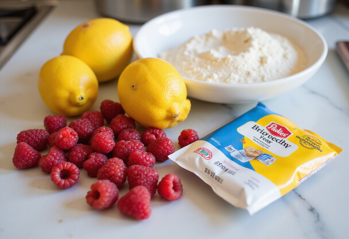 Fresh raspberries and lemons on a countertop for raspberry-lemon brioche rolls preparation, vibrant colors of ingredients ready for baking.