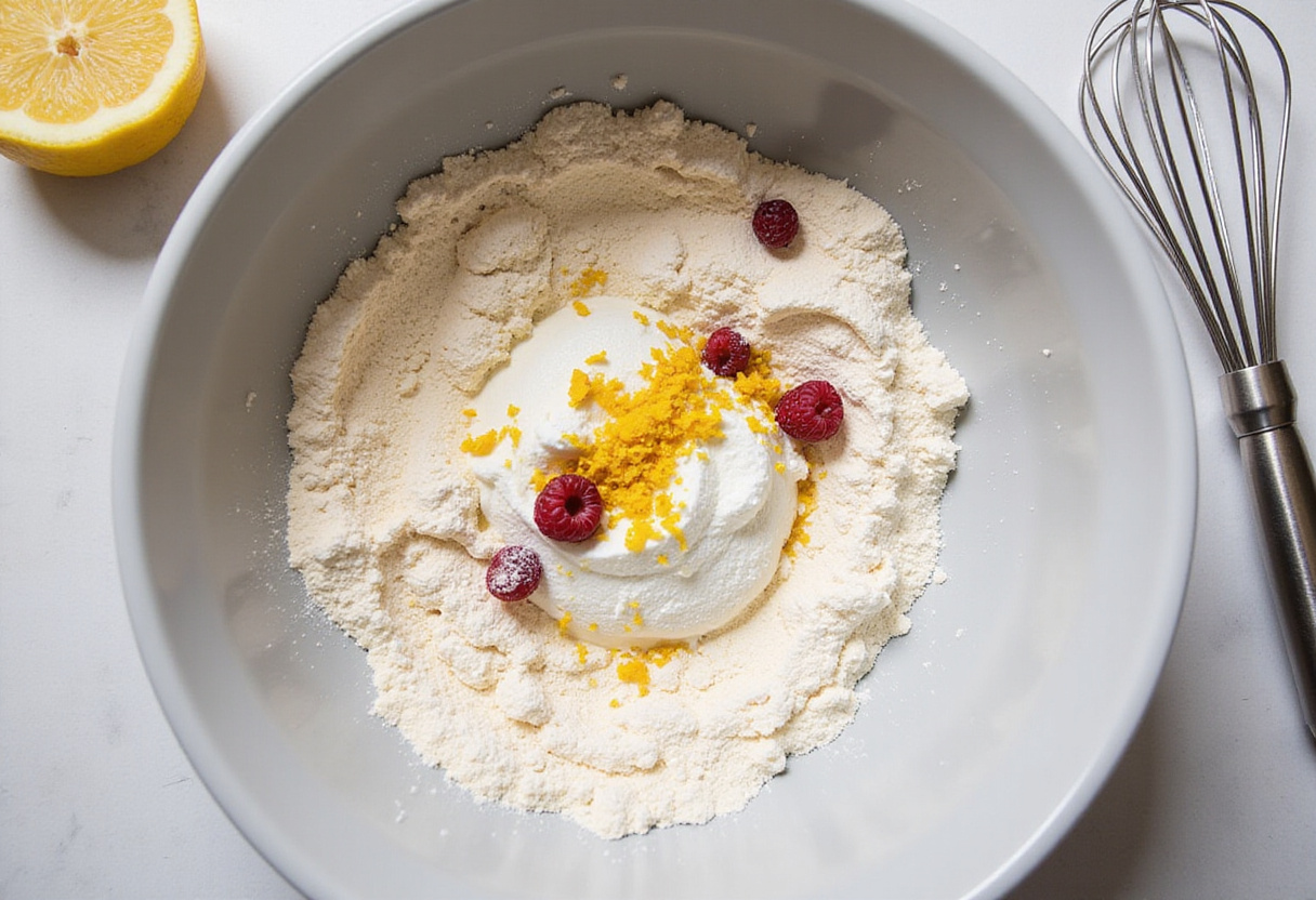Preparing the brioche mixture for raspberry-lemon brioche rolls, showcasing flour, sugar, and zesty ingredients in a mixing bowl.