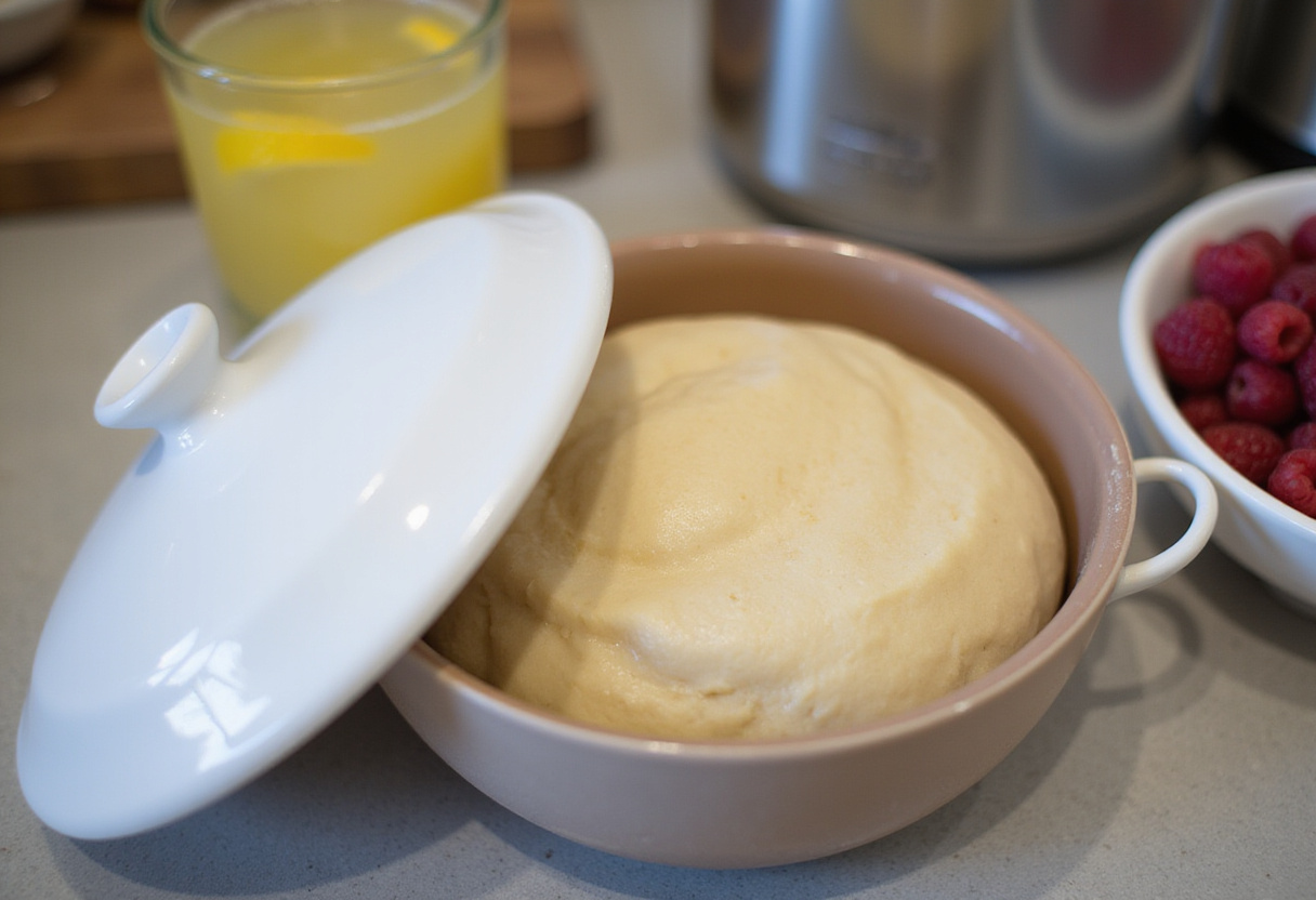 Kneaded brioche dough resting in a bowl for raspberry-lemon brioche rolls, with lemonade and fresh raspberries in the background.
