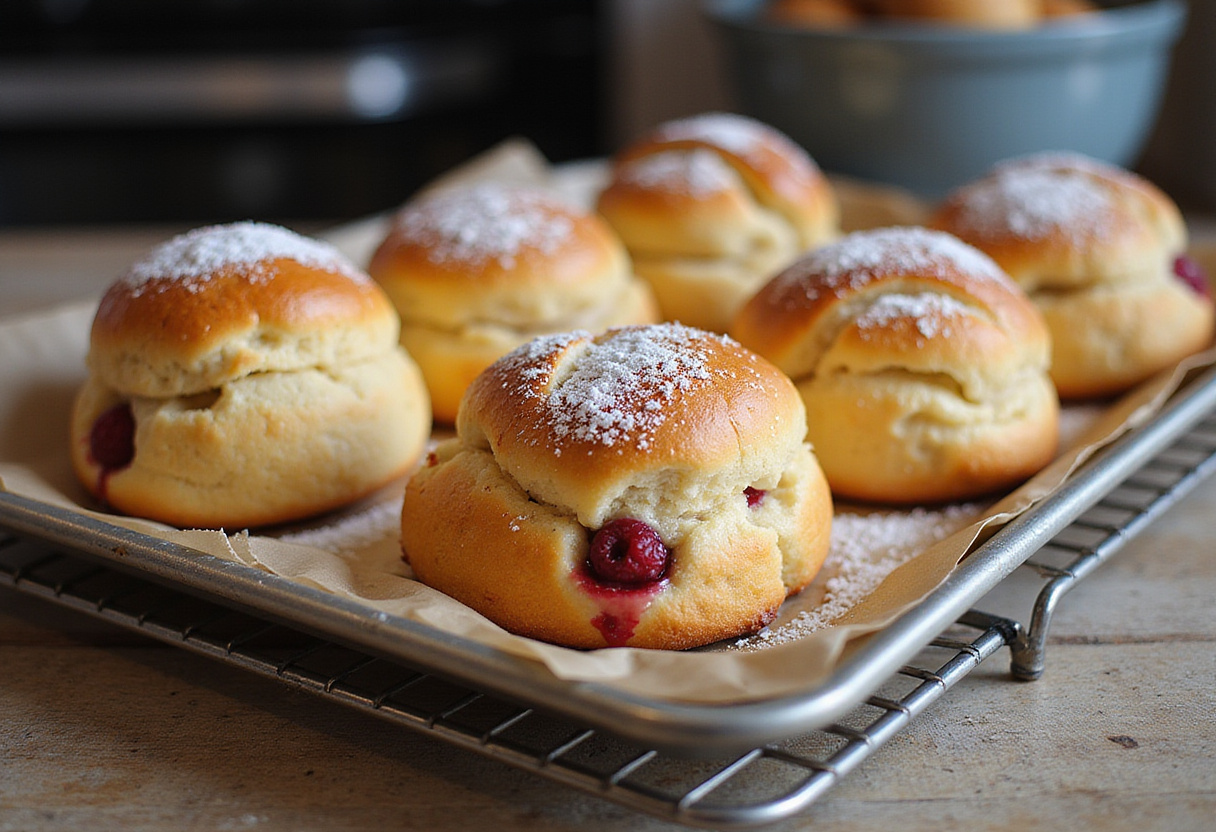 Freshly baked raspberry-lemon brioche rolls cooling on a rack, golden brown and dusted with powdered sugar, perfect for enjoying.