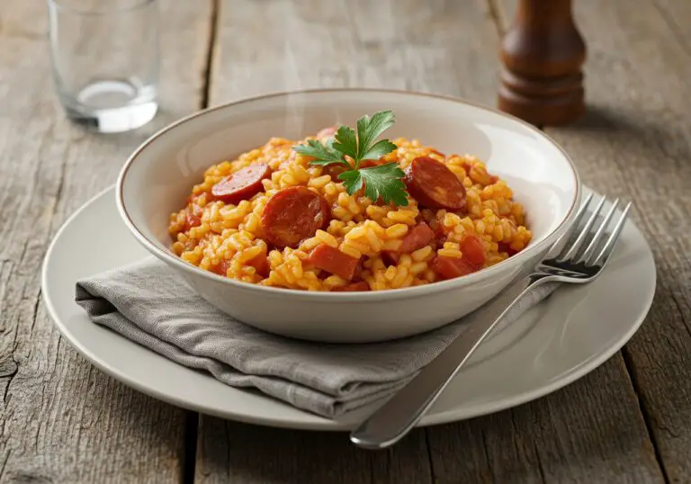 Serving a delicious bowl of Riz au Chorizo et ร la Tomate, showcasing the vibrant rice, chorizo, and garnished with fresh parsley on a rustic table.