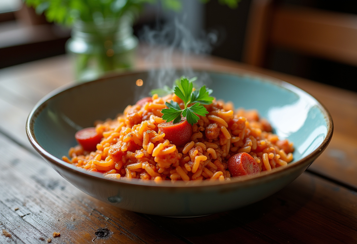 Serving a delicious bowl of Riz au Chorizo et ร la Tomate, showcasing the vibrant rice, chorizo, and garnished with fresh parsley on a rustic table.