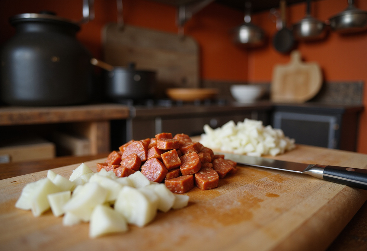 Preparing ingredients for Riz au Chorizo et ร la Tomate, featuring diced chorizo and chopped onions on a cutting board in a warm kitchen.