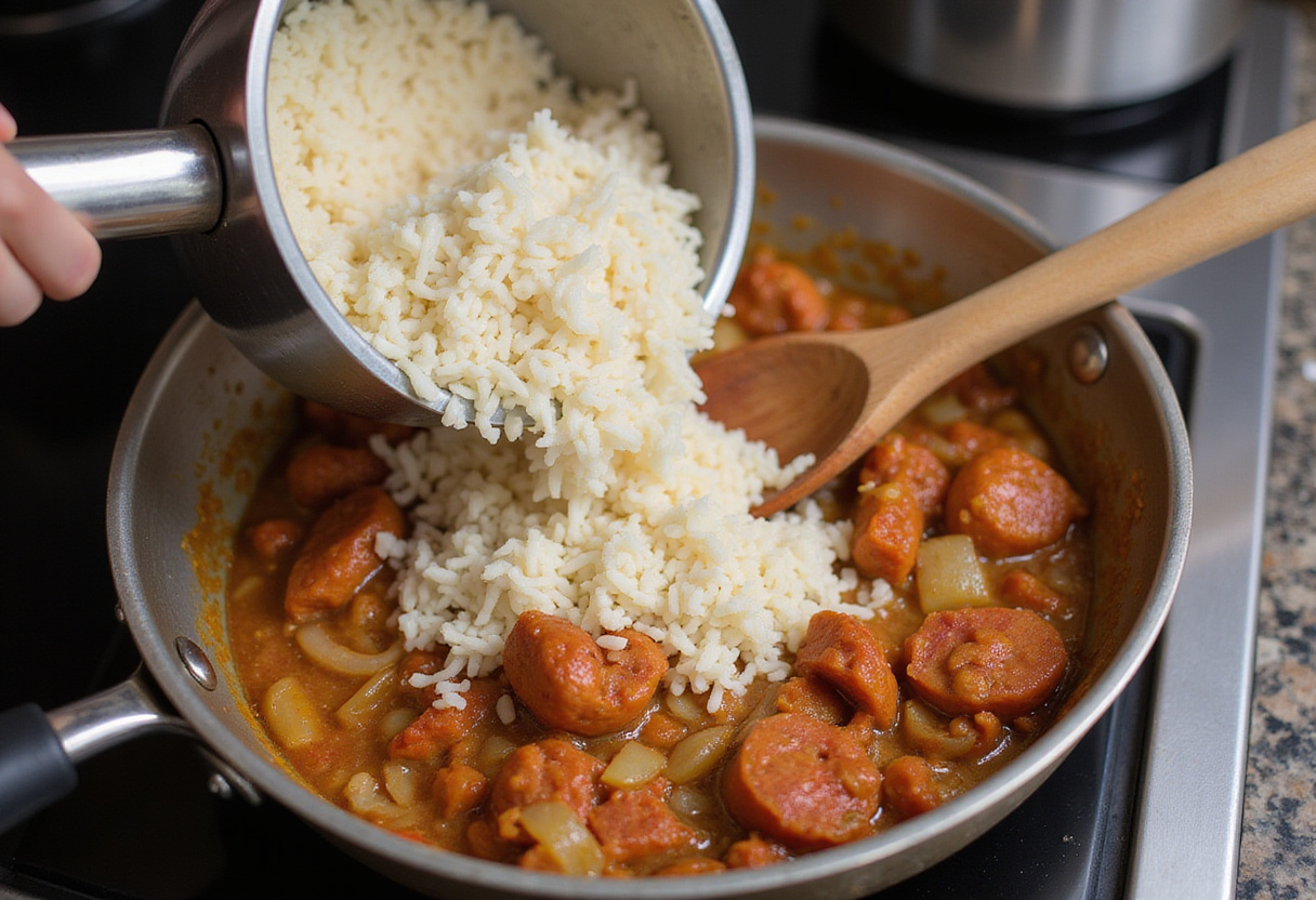 Combining cooked rice with chorizo and onions for Riz au Chorizo et ร la Tomate, highlighting the vibrant mixture of flavors and ingredients.