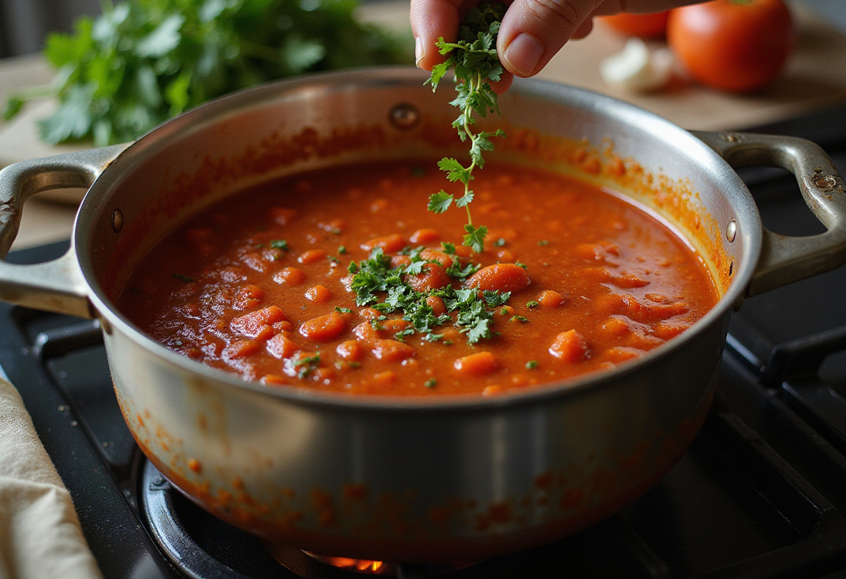 Simmering tomato sauce for Riz au Chorizo et ร la Tomate, with fresh herbs added for flavor in a cozy kitchen atmosphere.