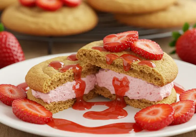Final presentation of strawberry cheesecake stuffed cookies highlighting the creamy filling and fresh strawberry garnish.