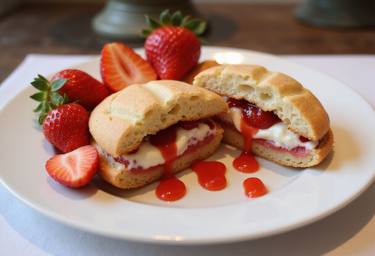 Final presentation of strawberry cheesecake stuffed cookies highlighting the creamy filling and fresh strawberry garnish.