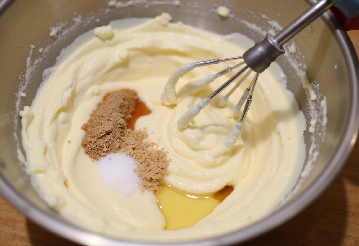 Cream cheese filling preparation for strawberry cheesecake stuffed cookies with vanilla and sugar.
