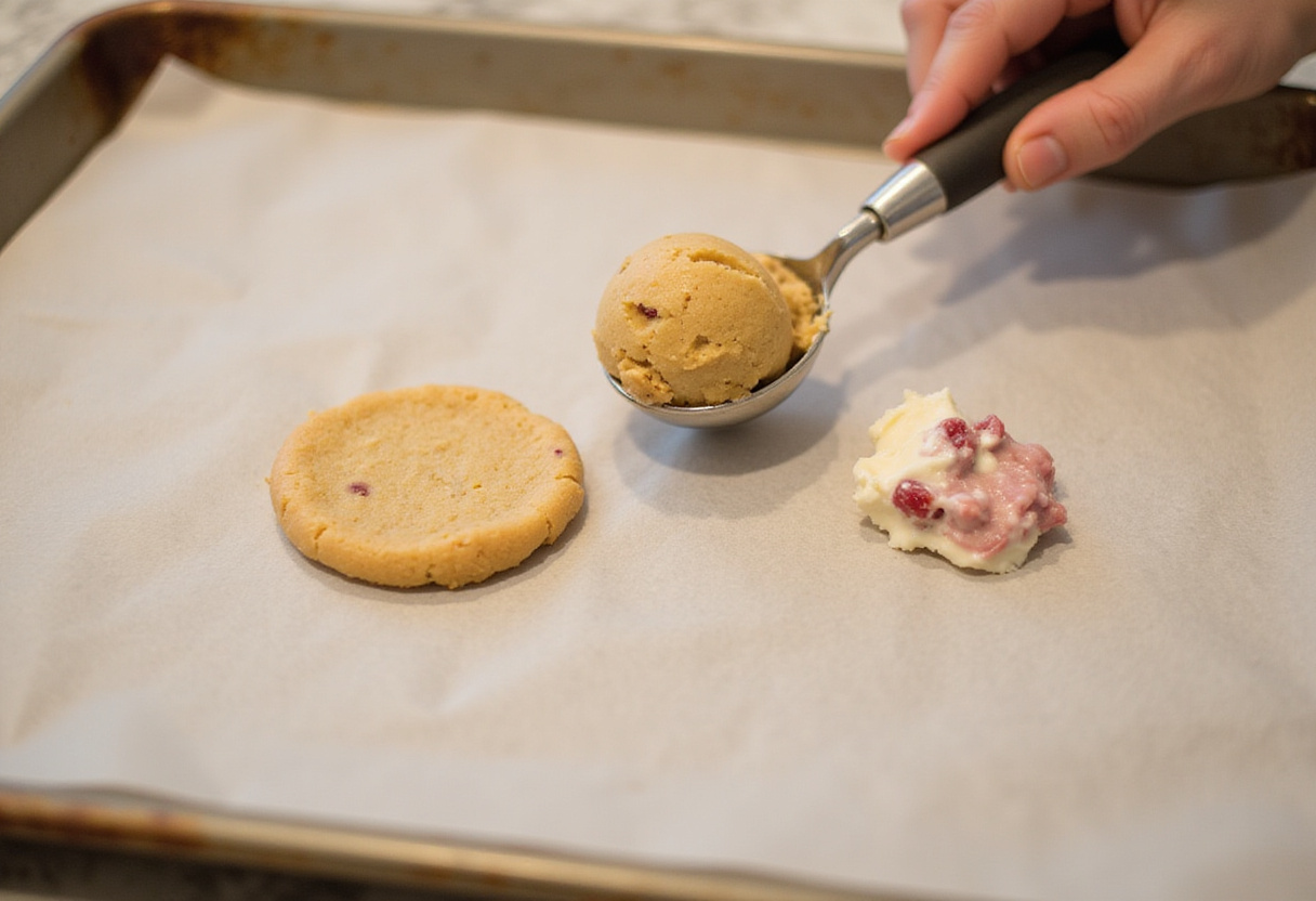 Assembling strawberry cheesecake stuffed cookies with dough and cream cheese filling ready to bake.