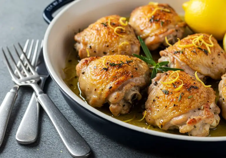 Final Presentation of Savory Lemon Herb Roasted Chicken Thighs with Crispy Skin and Fresh Herbs