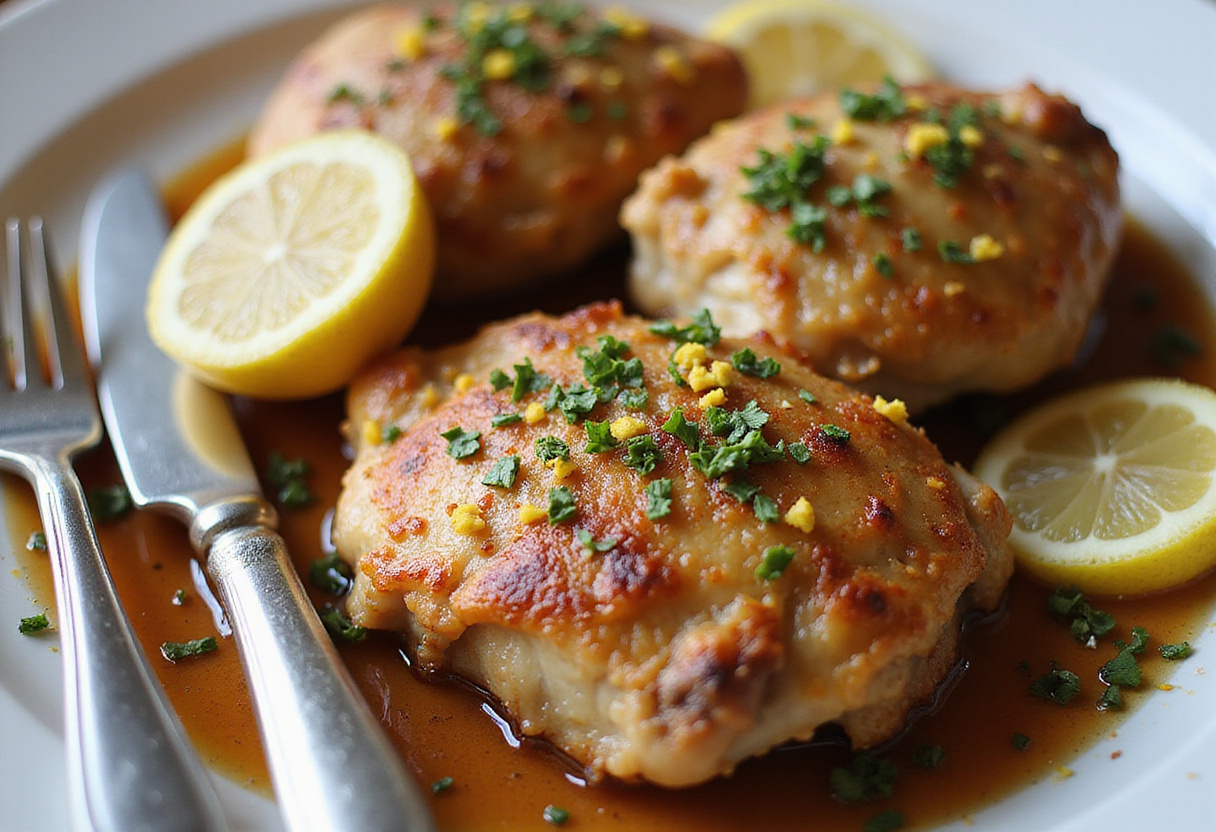 Final Presentation of Savory Lemon Herb Roasted Chicken Thighs with Crispy Skin and Fresh Herbs