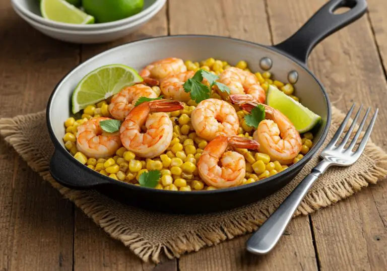 Deliciously plated Shrimp Street-Corn Skillet, garnished with cilantro and lime, perfect for a delightful meal.