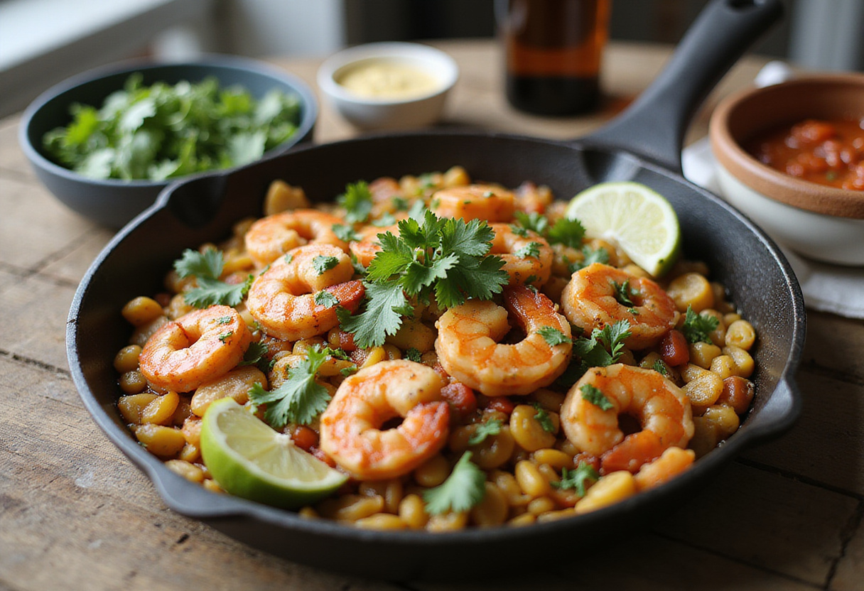 Deliciously plated Shrimp Street-Corn Skillet, garnished with cilantro and lime, perfect for a delightful meal.