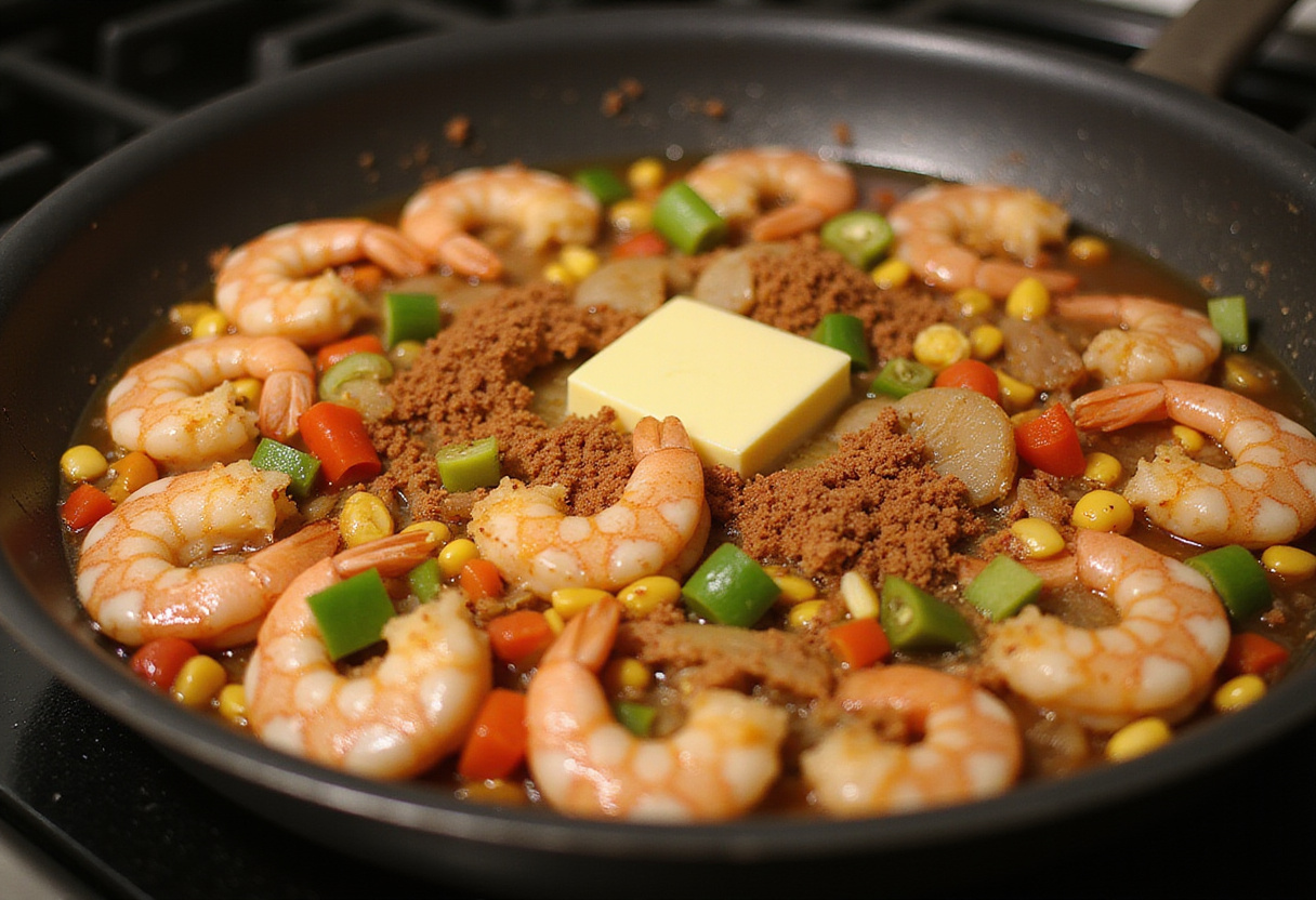 Melting butter in a skillet with fresh shrimp, corn, and bell peppers for a delicious Shrimp Street-Corn Skillet recipe.