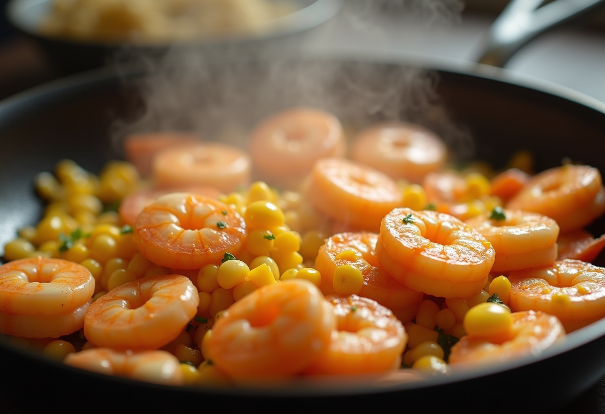 Sautéing shrimp and corn in a skillet, creating a mouthwatering Shrimp Street-Corn Skillet dish with aromatic flavors.