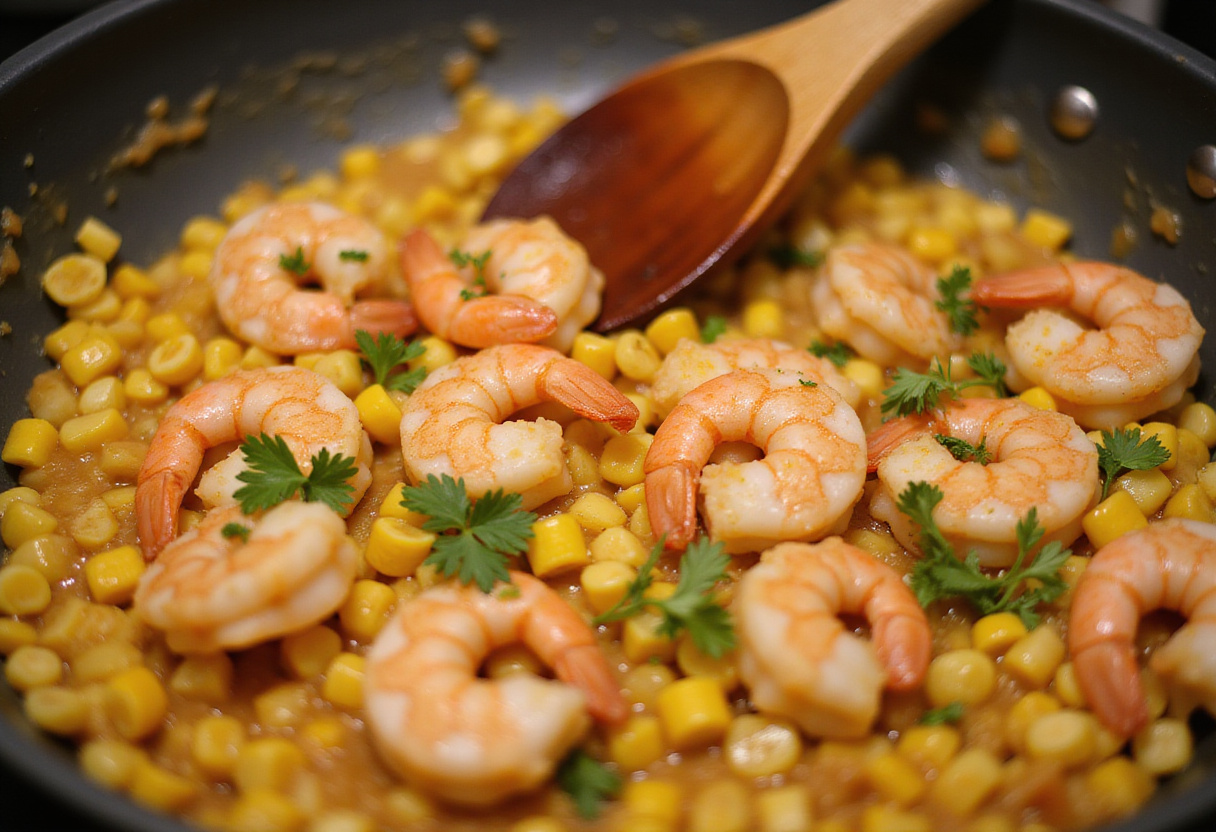 Mixing shrimp and corn in a skillet for a flavorful Shrimp Street-Corn Skillet dish, showcasing the blend of fresh ingredients.