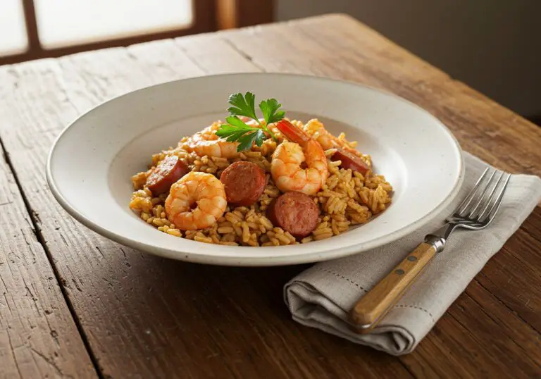 Delicious shrimp and sausage dirty rice served on a plate, showcasing the savory dish.