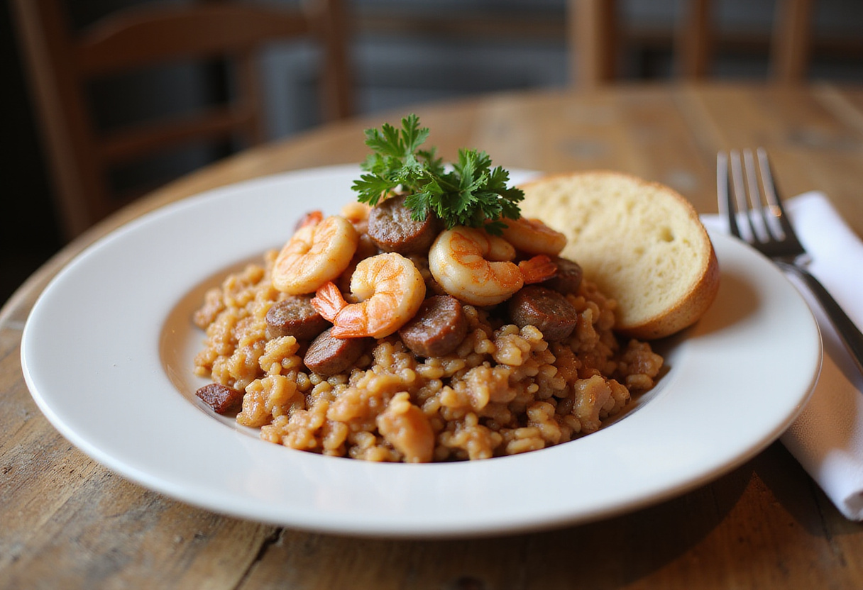 Delicious shrimp and sausage dirty rice served on a plate, showcasing the savory dish.