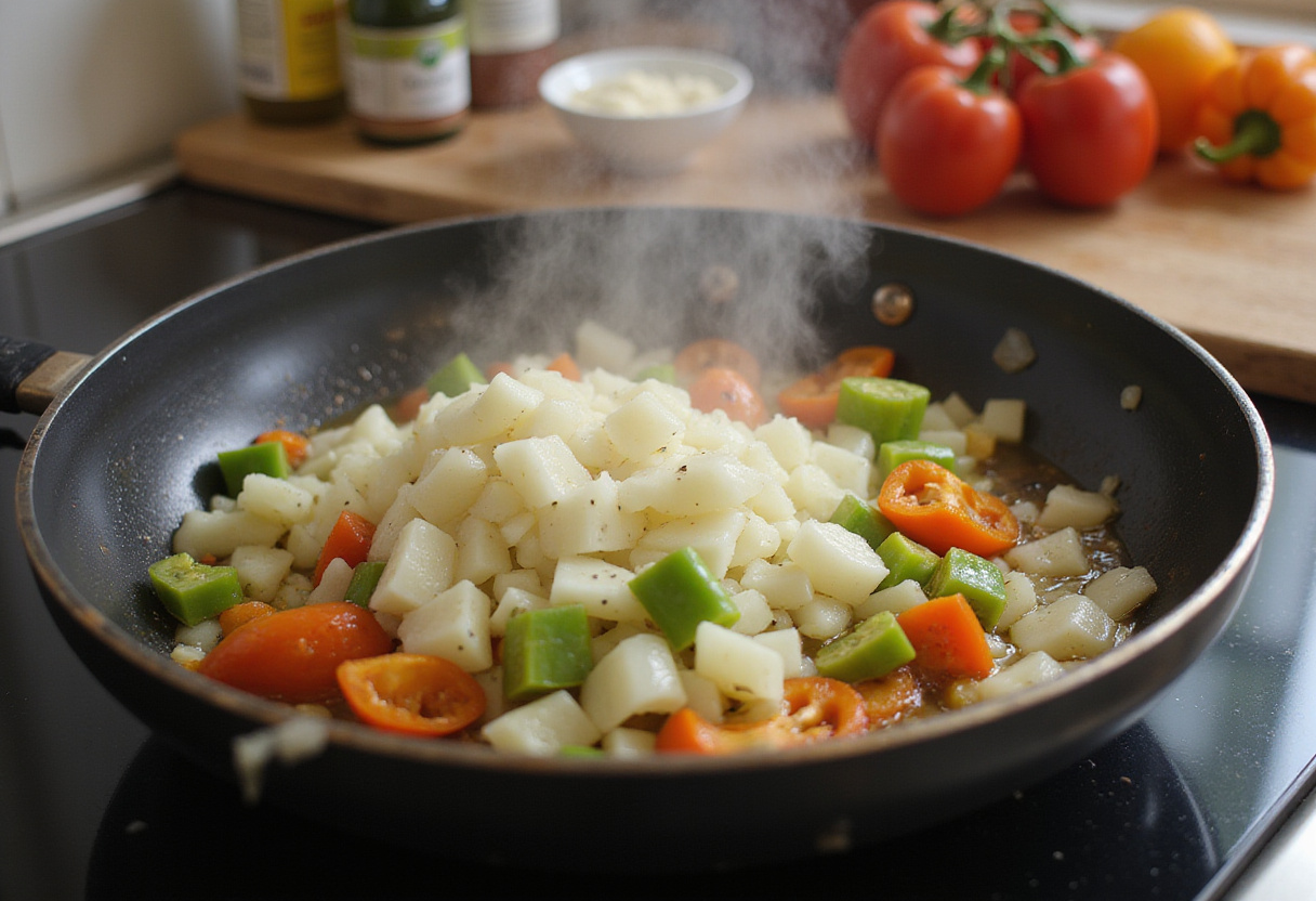 Sautéed onions, bell peppers, and celery for shrimp and sausage dirty rice preparation.