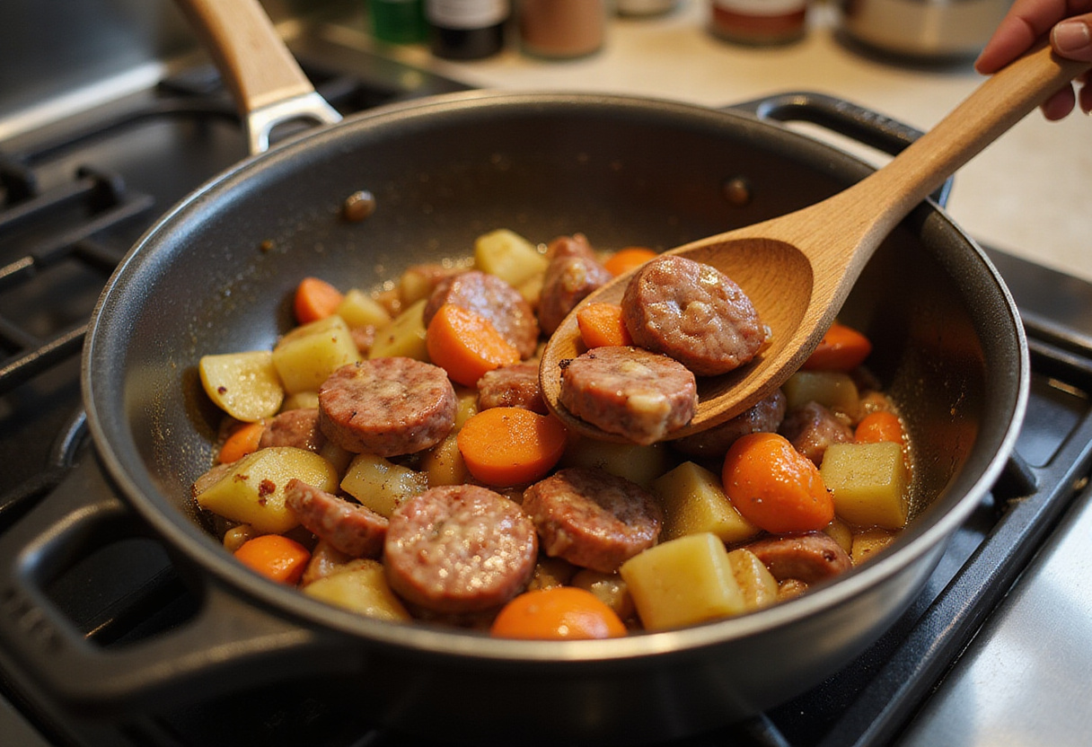 Sliced andouille sausage added to sautéed vegetables in dirty rice recipe.