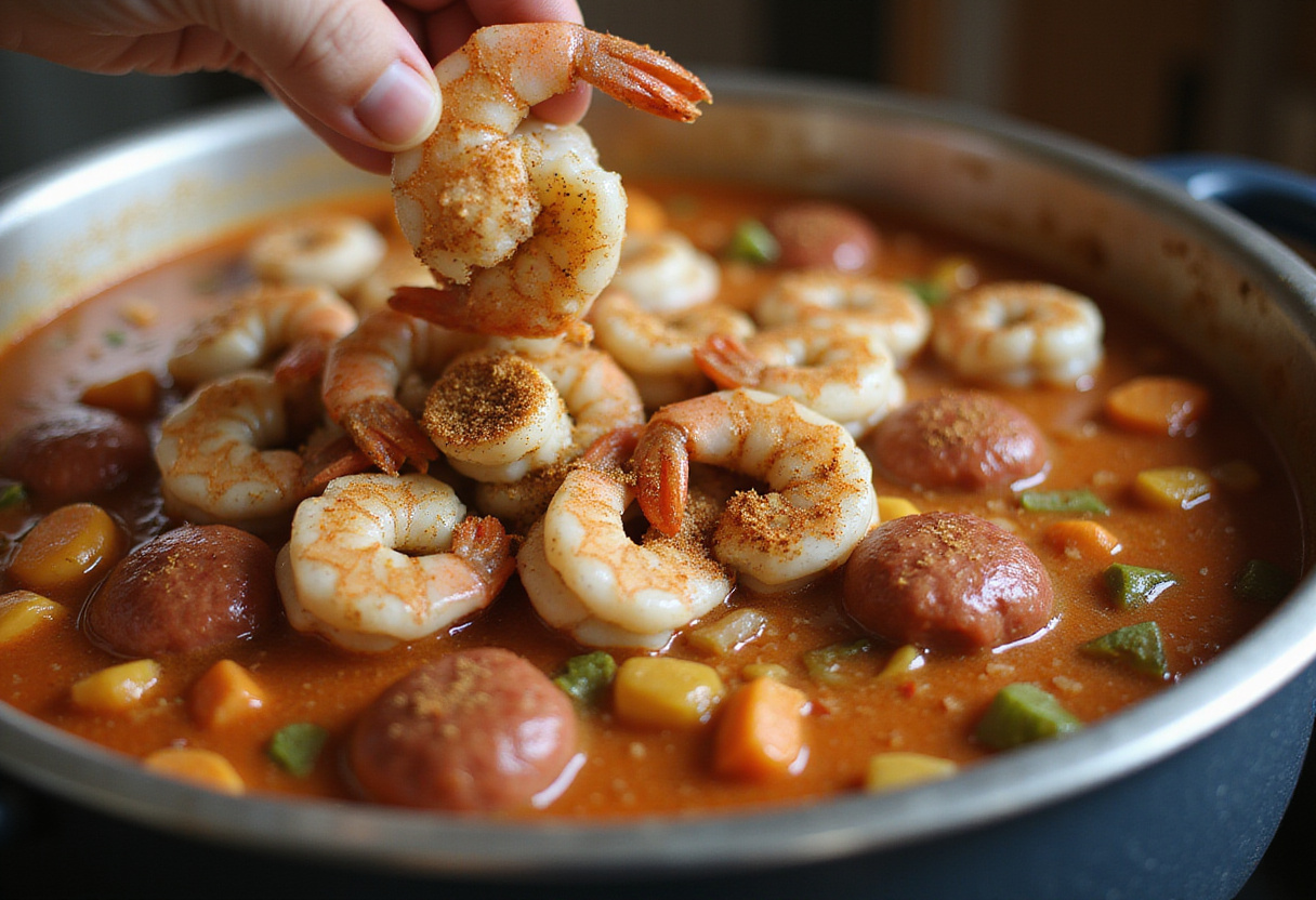 Uncooked shrimp being stirred into the sausage and vegetables for shrimp dirty rice.
