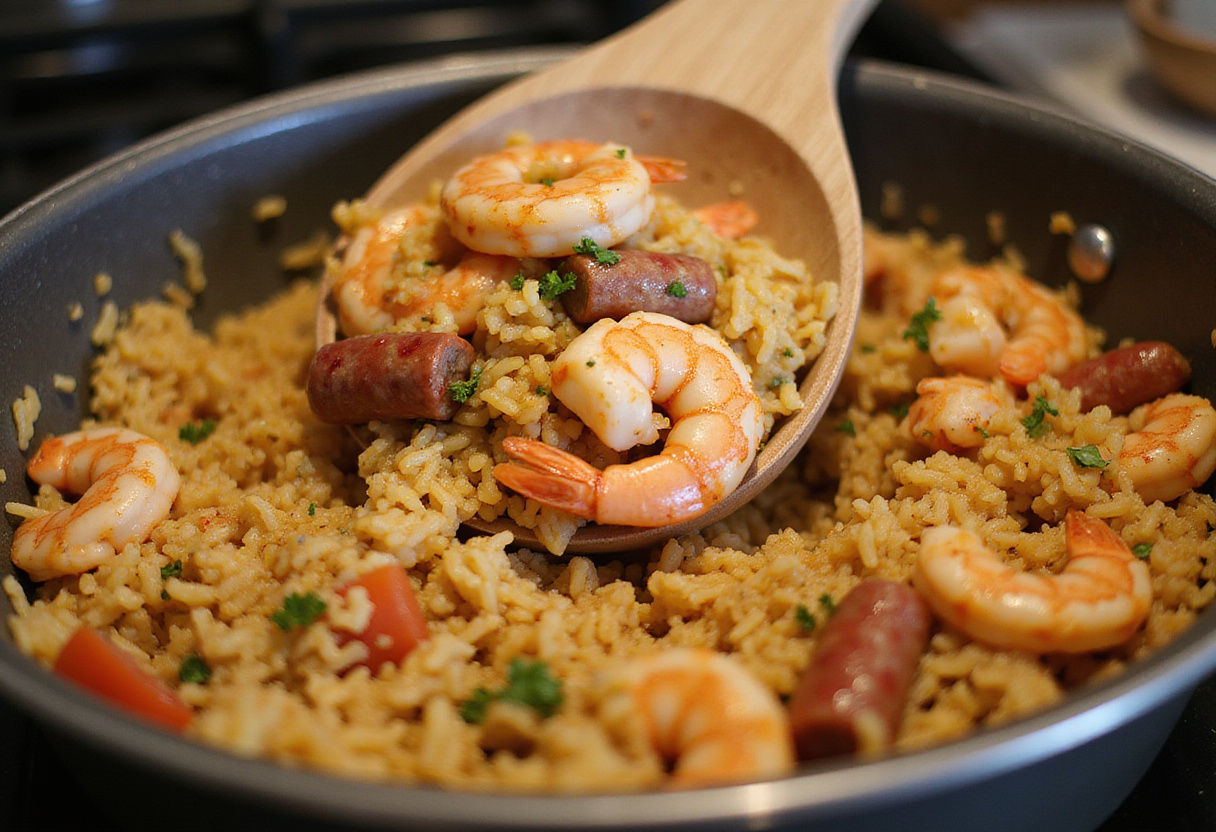 Cooked rice combined with shrimp and sausage mixture for dirty rice dish.