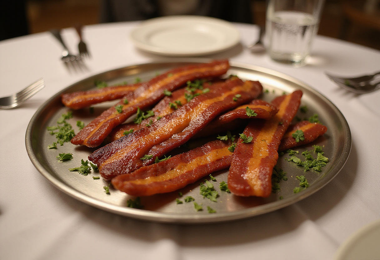 Final presentation of Smoked Shotgun Shells Bacon on a platter, showcasing the delicious aroma and visual appeal of this unique dish.