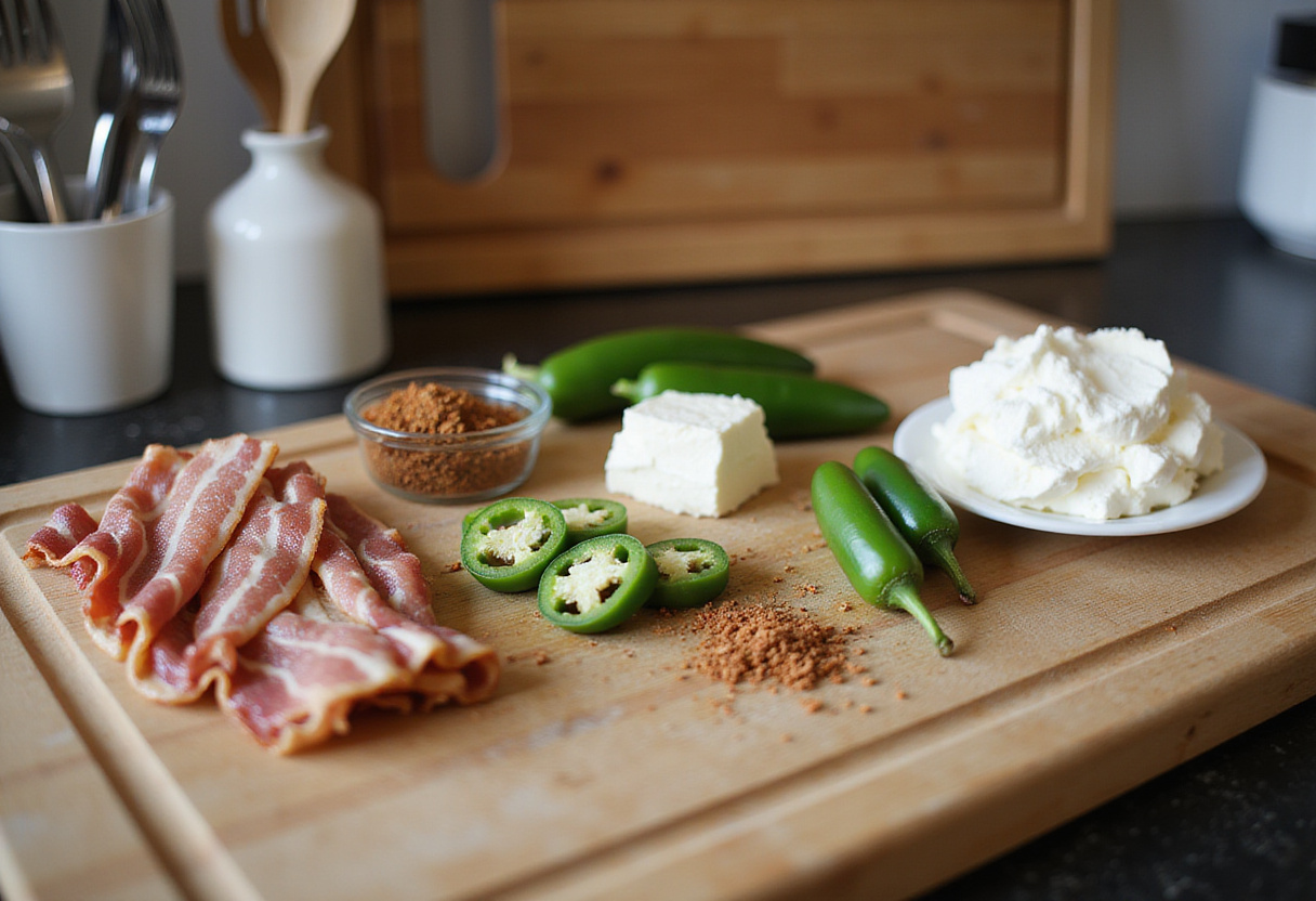 Ingredients for Smoked Shotgun Shells Bacon including bacon, cream cheese, and jalapeΓ±os arranged on a rustic counter.