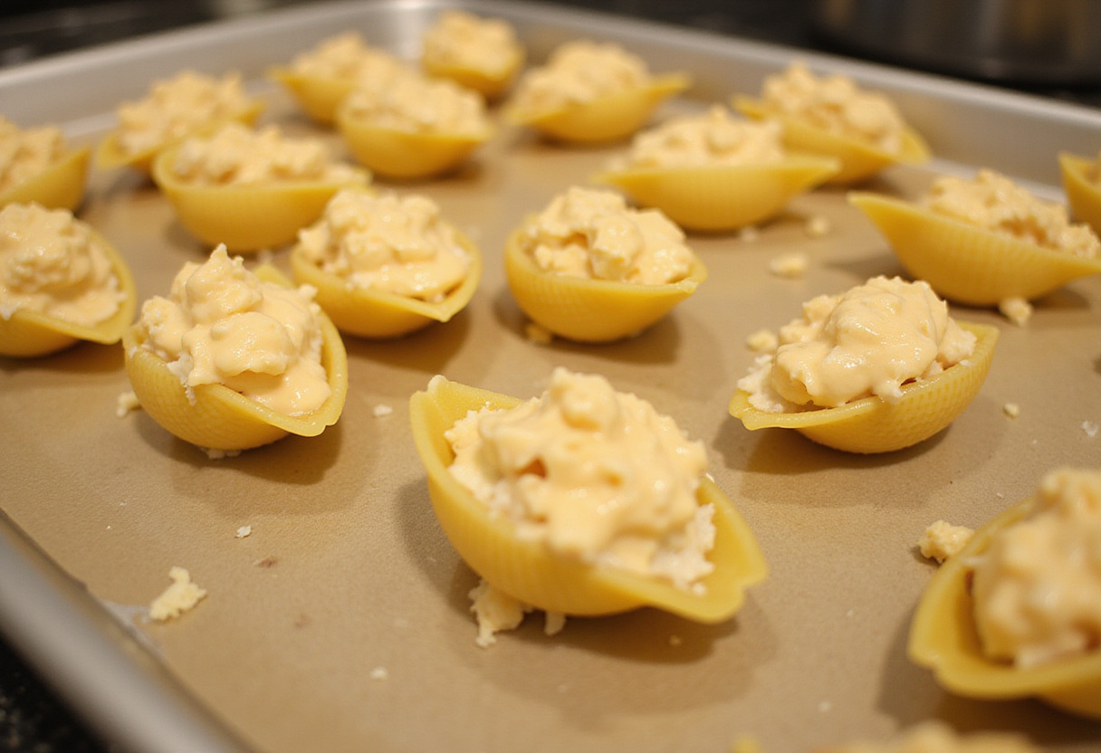Stuffed pasta shells with a savory cream cheese filling prepared for Smoked Shotgun Shells Bacon, highlighting the cooking preparation.