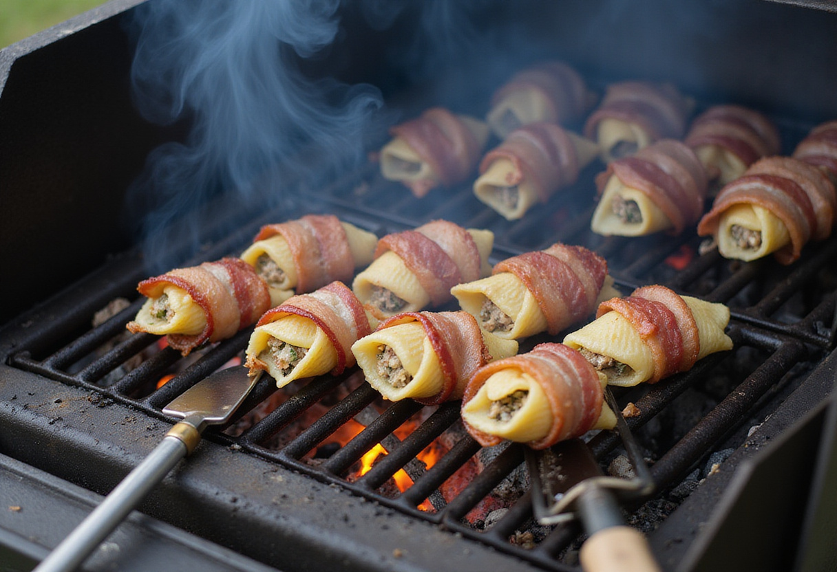 Grilling Smoked Shotgun Shells Bacon on an outdoor grill, showcasing the artistic preparation in a smoky, engaging setting.