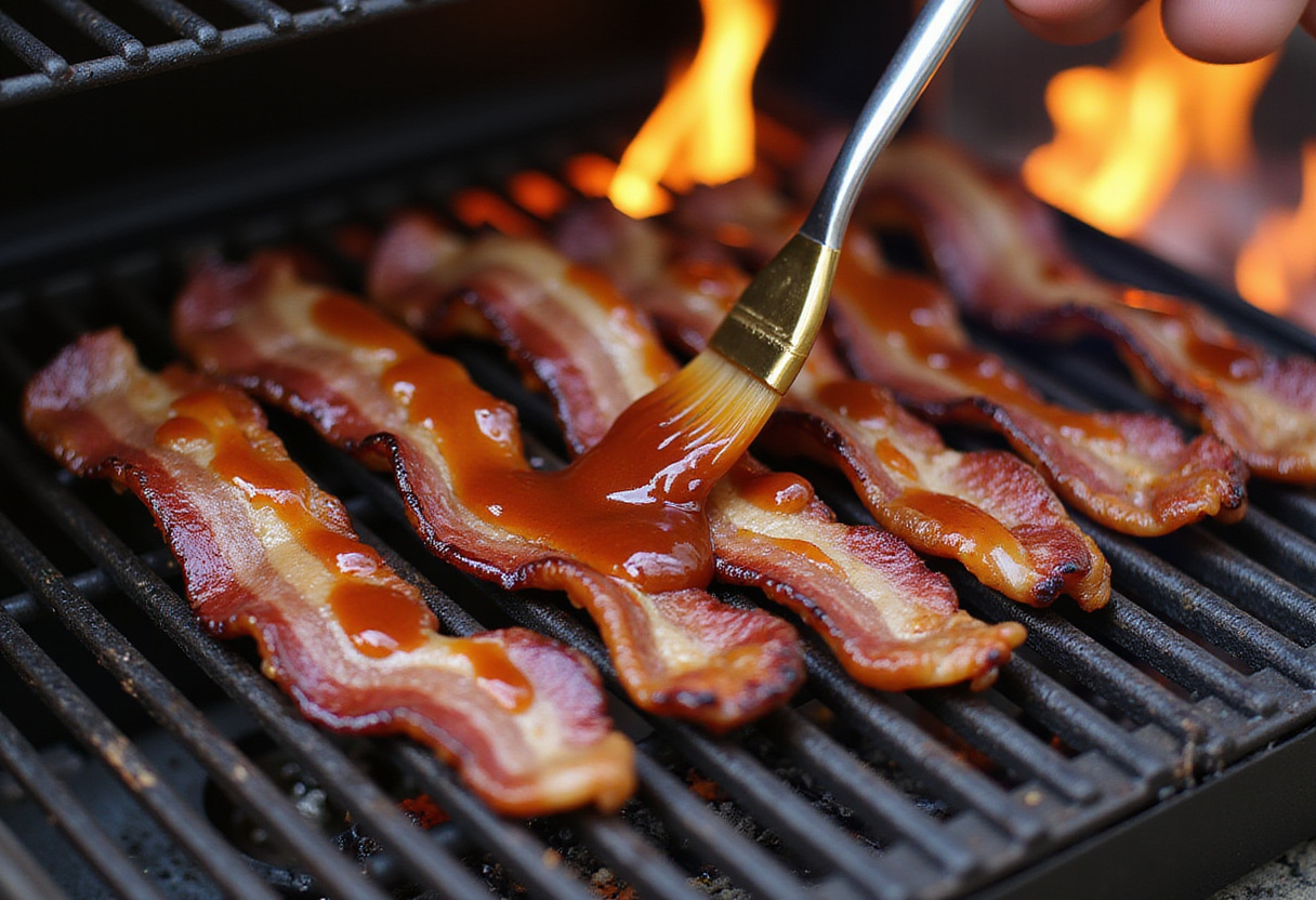 Brushing barbecue sauce on grilled Smoked Shotgun Shells Bacon, highlighting the delicious finishing touch of the recipe.