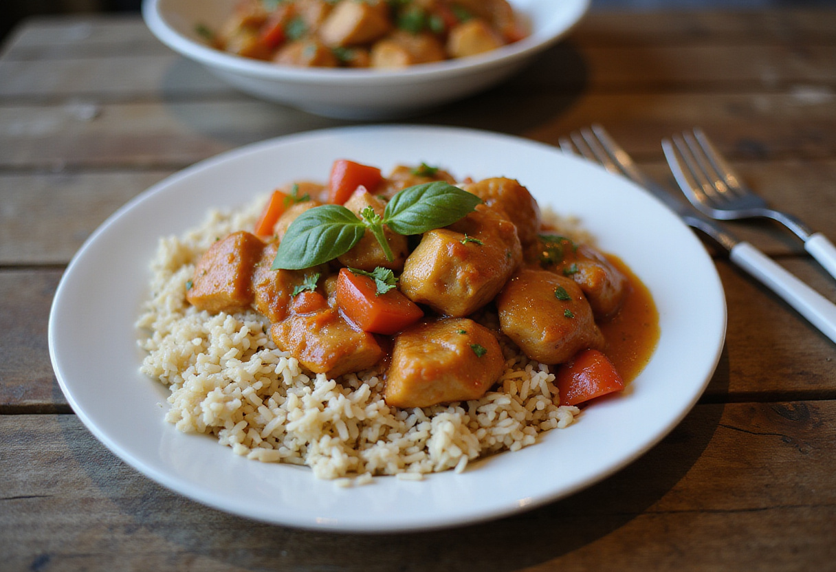 Final presentation of smothered chicken and rice, showcasing a delicious and hearty dish.