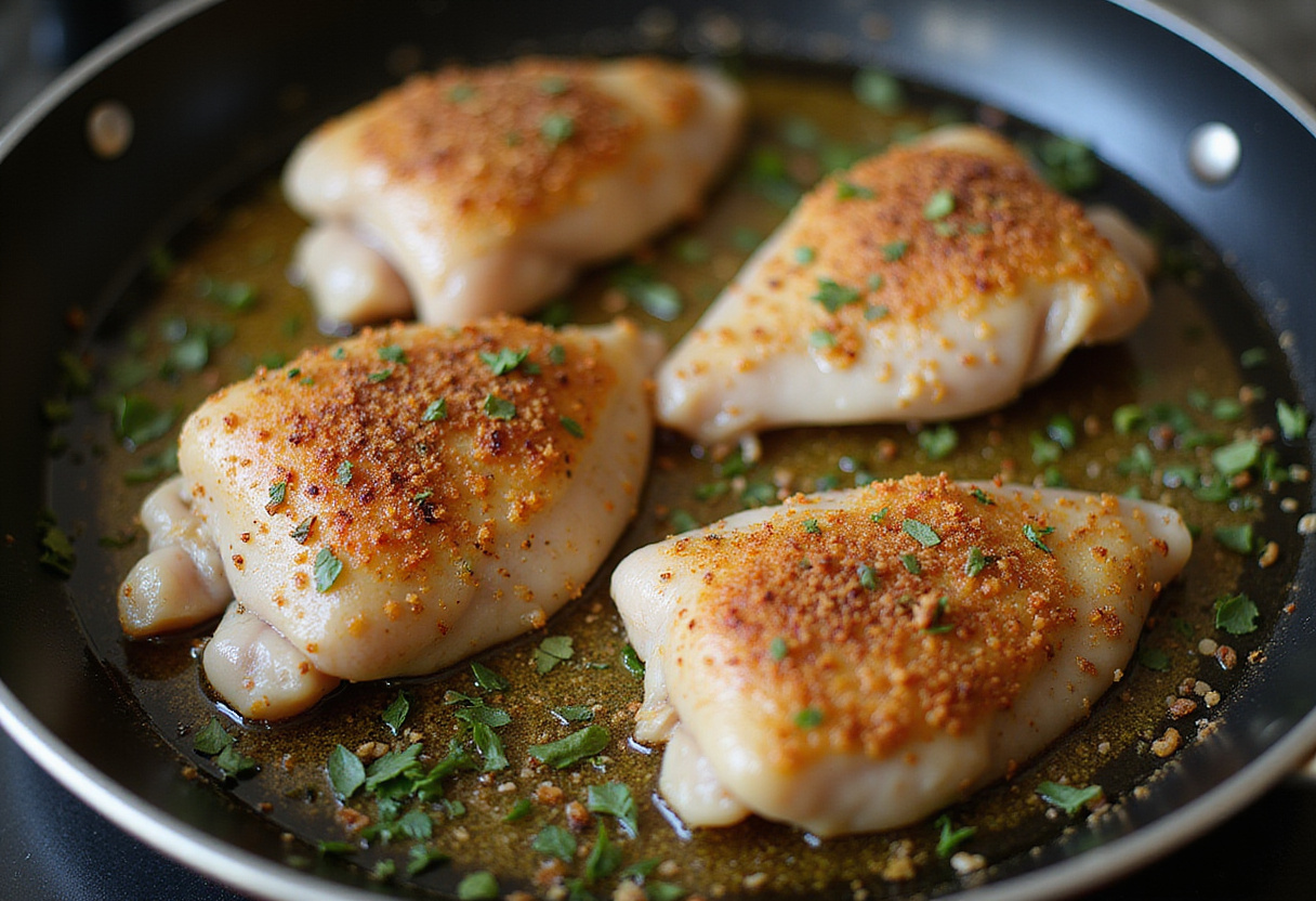 Cooking seasoned chicken for smothered chicken and rice garnished with fresh herbs.